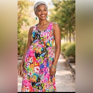 Jams World, Janice Midi dress Floral Tropical Rayon Pockets style W334-FLAM 2X